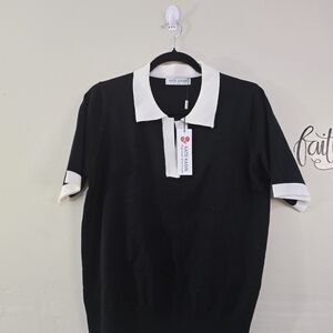 Kate Kasin Knit Polo Top – Black & White – Size M – NWT